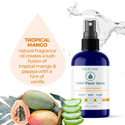 Pristine cleansing sprays wet wipe alternative bottle positioned with mango and papaya fruit. Tropical mango natural fragrance oil creates a lush fusion of tropical mango & papaya with a hint of vanilla