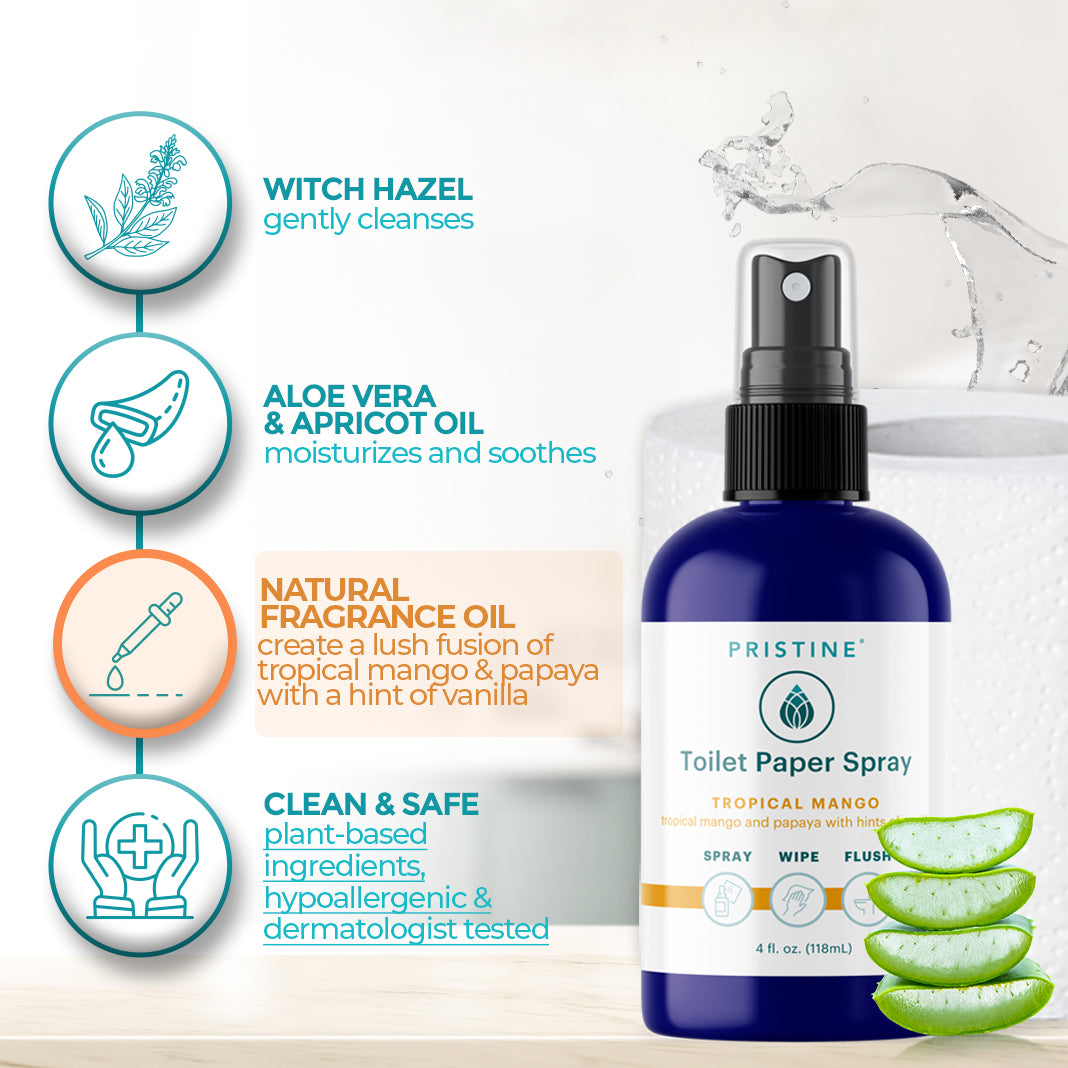 Pristine toilet paper spray highlight ingredients. Witch hazel gently cleanses. Aloe Vera & apricot oil moisturizes and soothes. Natural Fragrance oil creates a lush fusion of tropical mango & papaya with a hint of vanilla. Clean & safe plant-based ingredients, hypoallergenic and dermatologist tested.