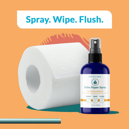 Spray. Wipe. Flush. Pristine Toilet paper spray wet wipe alternative positioned with roll of toilet paper 