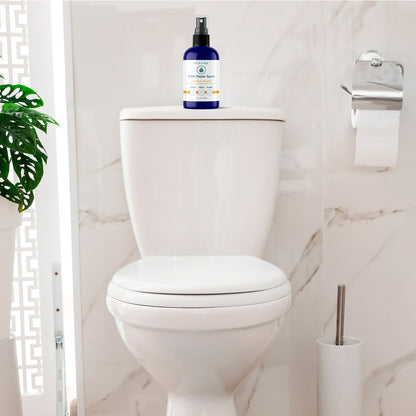 Pristine toilet paper spray wet wipe alternative bottle positioned on back of toilet